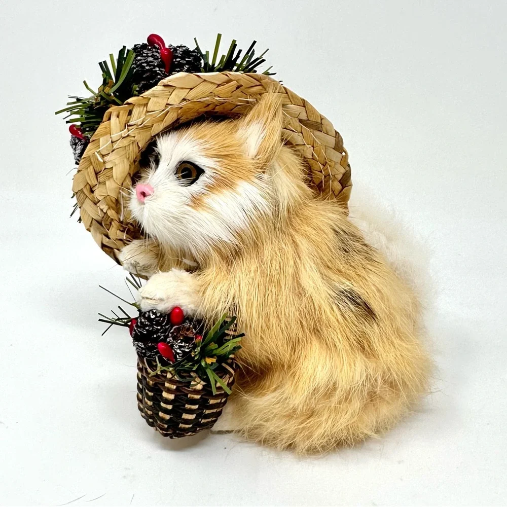 Vintage Miniature Real Fur Cat Figurine with Christmas Hat & Basket Buff White